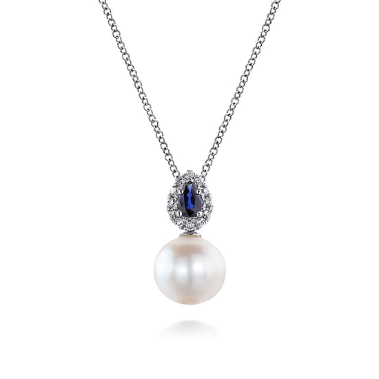 Gabriel - 14K White Gold Pear Shaped Sapphire and Diamond Halo Pendant Necklace with Pearl 