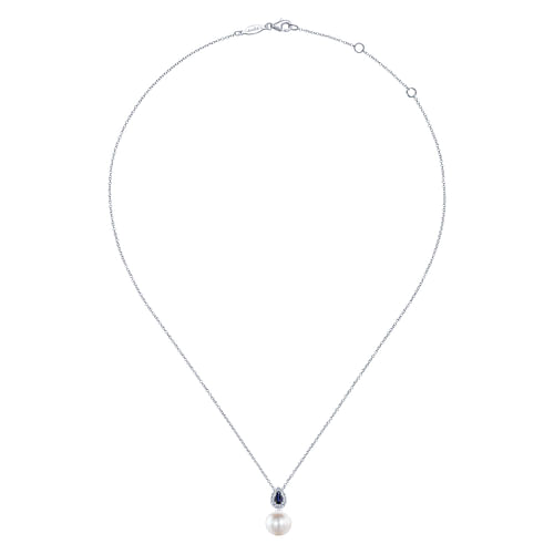 14K White Gold Pear Shaped Sapphire and Diamond Halo Pendant Necklace with Pearl 