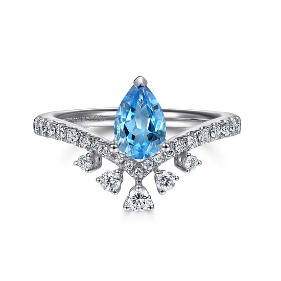 Gabriel - 14K White Gold Pear Shaped Swiss Blue Topaz and Diamond Ring