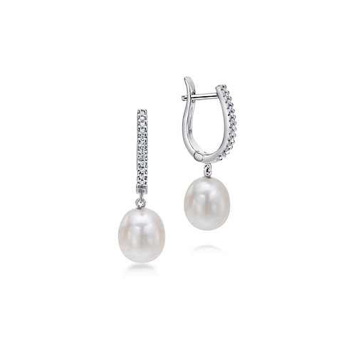 14K White Gold Pearl Drop Diamond Huggies