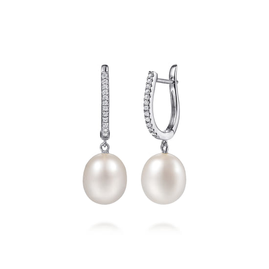 14K White Gold Pearl Drop Diamond Huggies 14K White Gold Pearl Drop Diamond Huggies