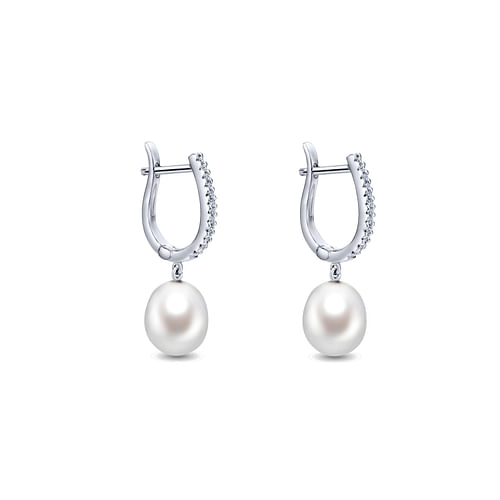 14K White Gold Pearl Drop Diamond Huggies