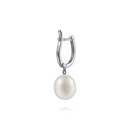 14K White Gold Pearl Drop Diamond Huggies angle 2 14K White Gold Pearl Drop Diamond Huggies angle 2
