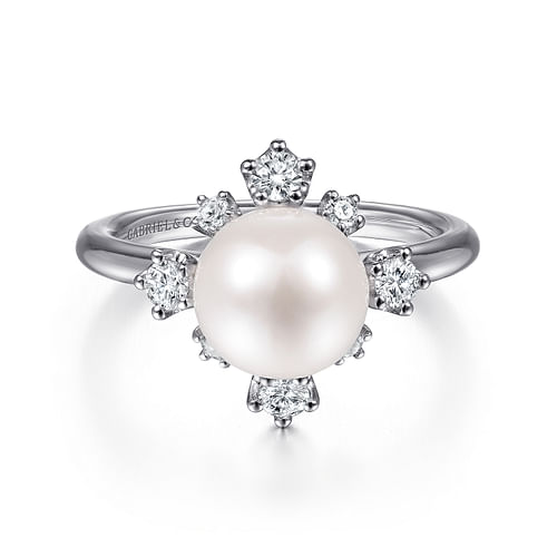 14K White Gold Pearl Ring with Bursting Diamond Halo