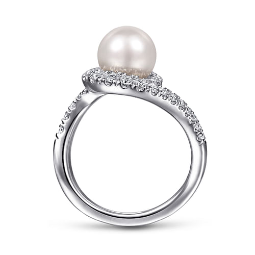 14K White Gold Pearl Ring with Curved Diamond Wrap Halo 