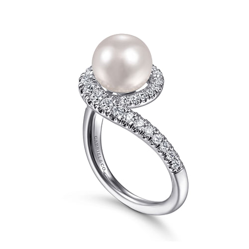 14K White Gold Pearl Ring with Curved Diamond Wrap Halo 