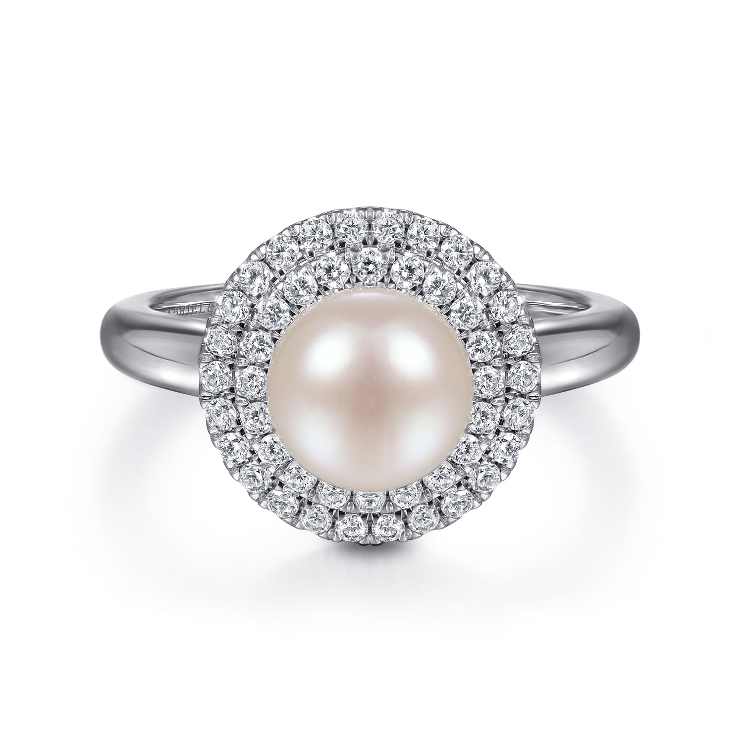 Gabriel - 14K White Gold Pearl Ring with Diamond Double Halo