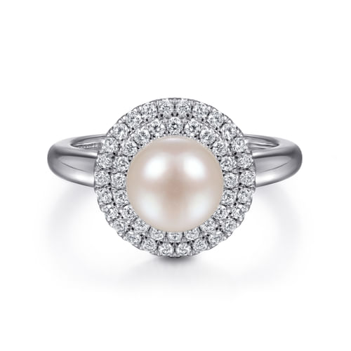 14K White Gold Pearl Ring with Diamond Double Halo