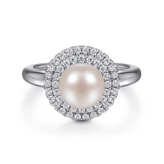 Gabriel - 14K White Gold Pearl Ring with Diamond Double Halo