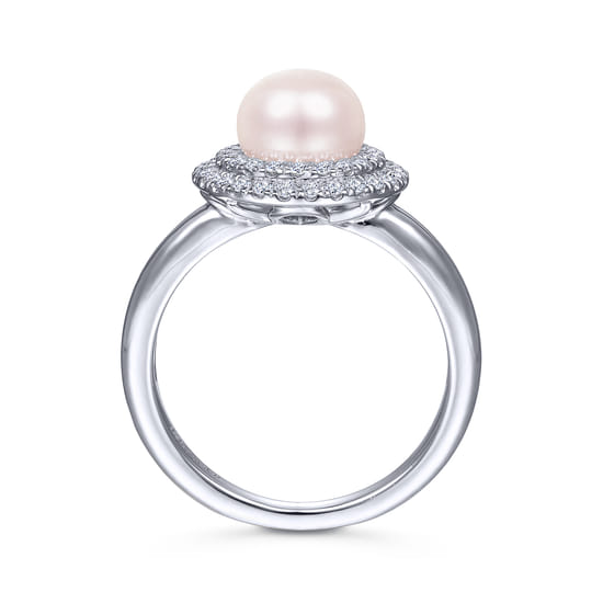14K White Gold Pearl Ring with Diamond Double Halo angle 2