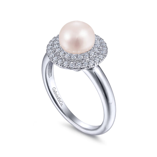 14K White Gold Pearl Ring with Diamond Double Halo angle 3