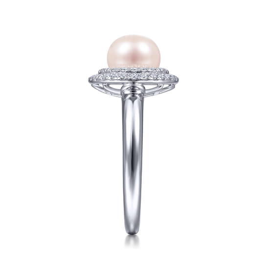 14K White Gold Pearl Ring with Diamond Double Halo angle 4
