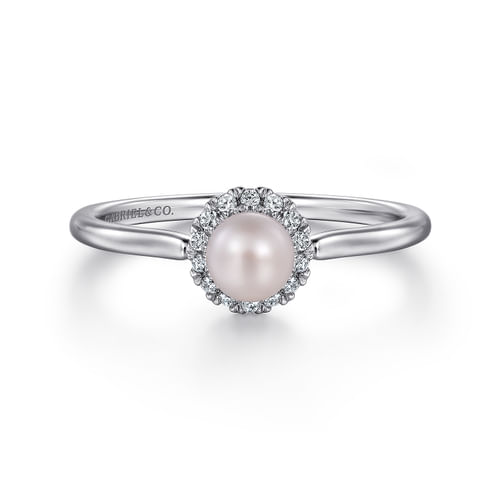 14K White Gold Pearl Ring with Diamond Halo 