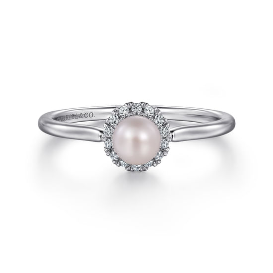 Gabriel - 14K White Gold Pearl Ring with Diamond Halo 