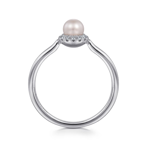 14K White Gold Pearl Ring with Diamond Halo 