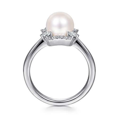 14K White Gold Pearl Ring with Diamond Halo