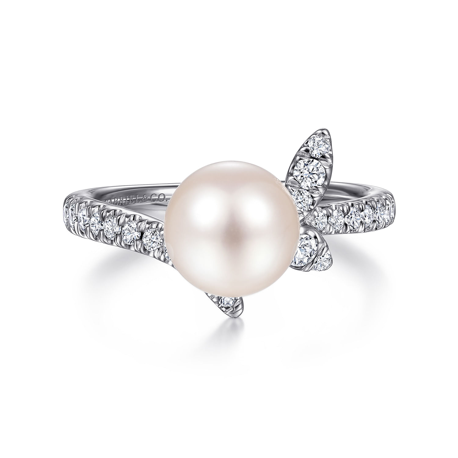 Gabriel - 14K White Gold Pearl Ring with Diamond Leaf  