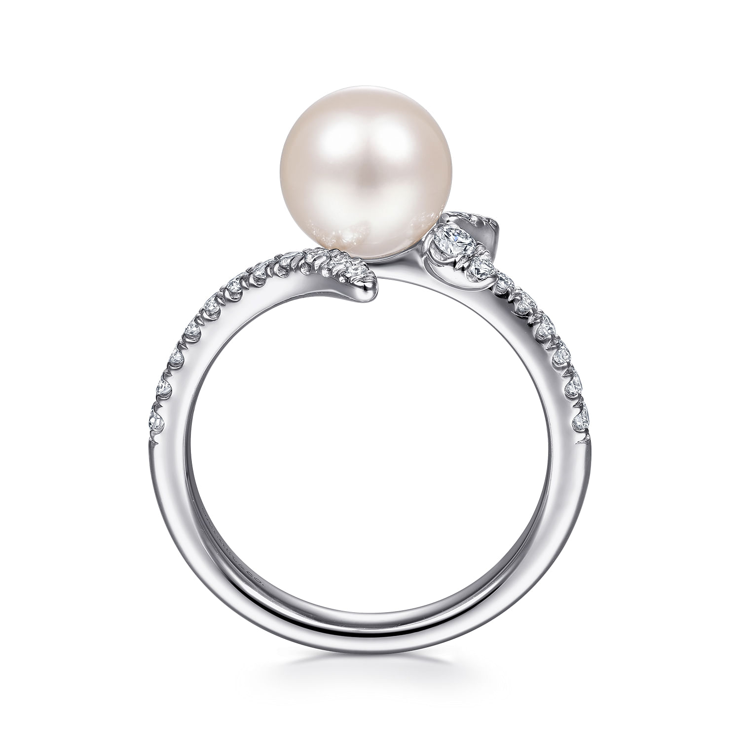 14K White Gold Pearl Ring with Diamond Leaf  