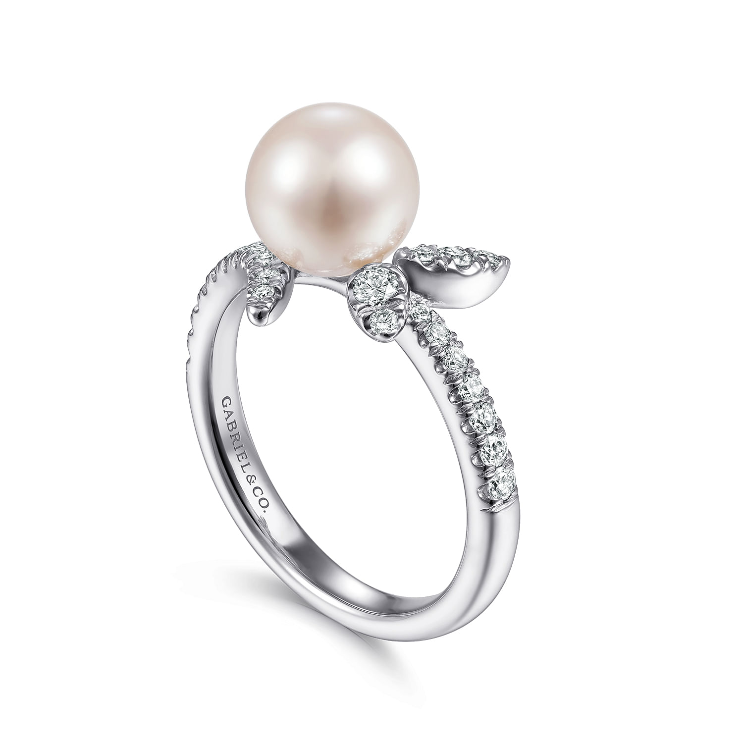 14K White Gold Pearl Ring with Diamond Leaf  