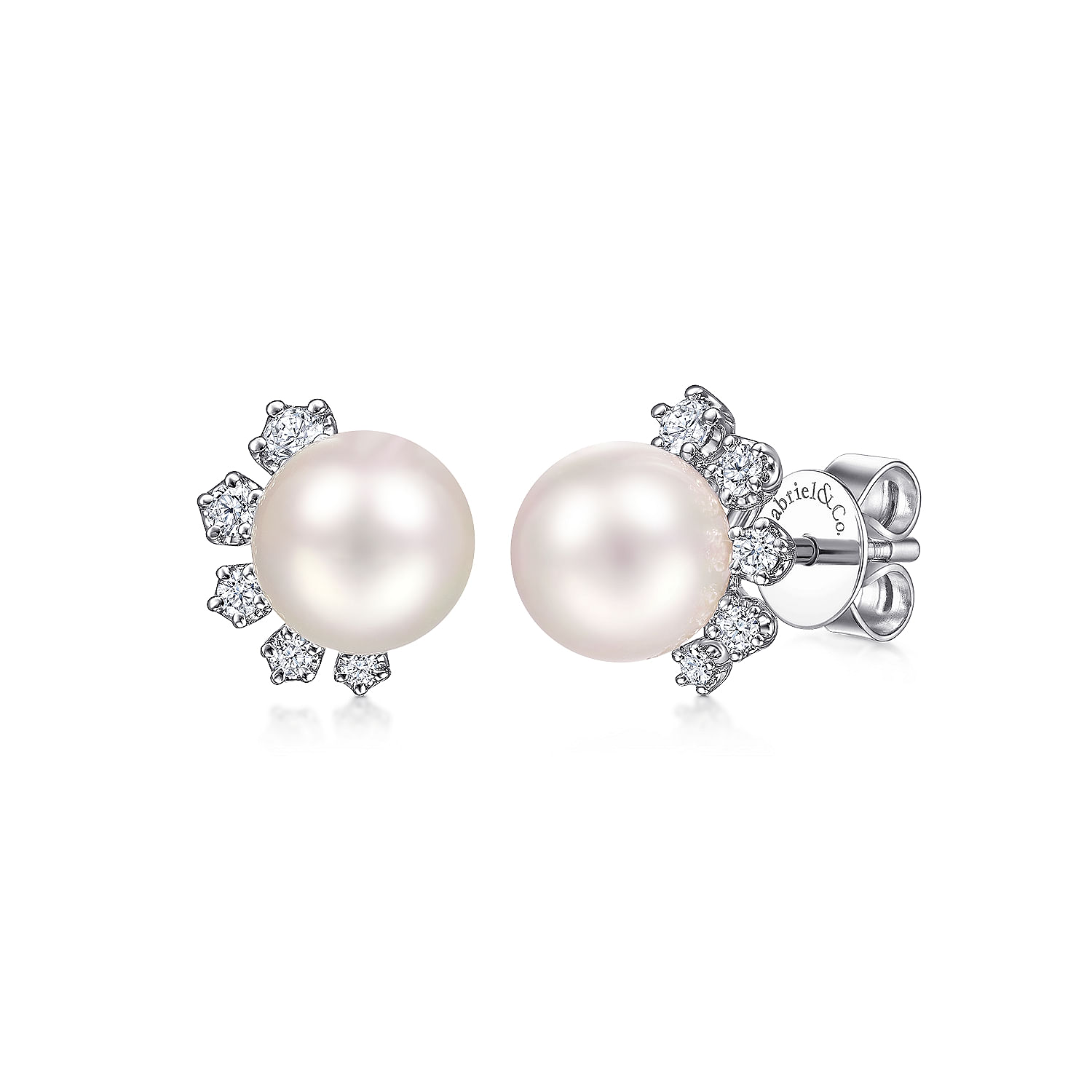 14K White Gold Pearl Stud Earrings with Diamond Accents