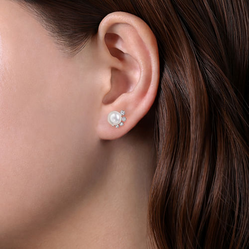 14K White Gold Pearl Stud Earrings with Diamond Accents