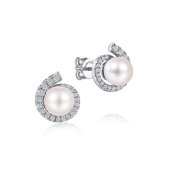 Gabriel - 14K White Gold Pearl Stud Earrings with Diamond Halo