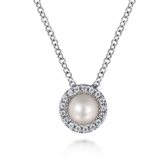 Gabriel - 14K White Gold Pearl and Diamond Halo Pendant Necklace