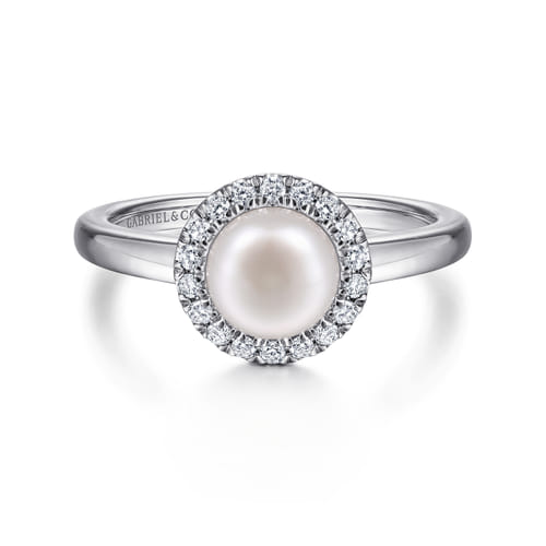 14K White Gold Pearl and Diamond Halo Promise Ring