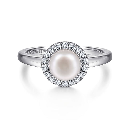 14K White Gold Pearl and Diamond Halo Ring