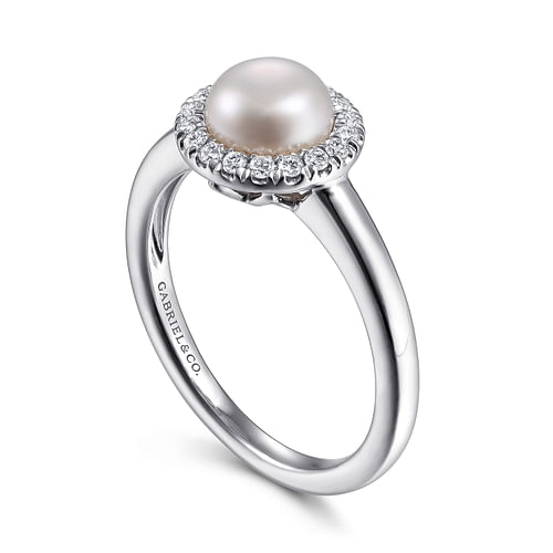 14K White Gold Pearl and Diamond Halo Ring