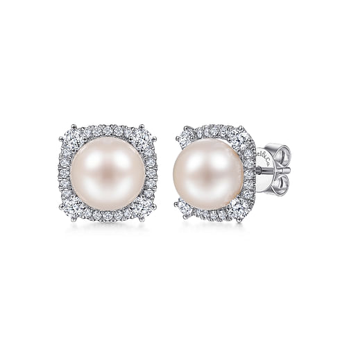 14K White Gold Pearl and Diamond Halo Stud Earrings