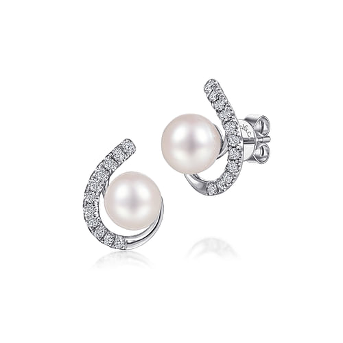 14K White Gold Pearl and Diamond J Stud Earrings