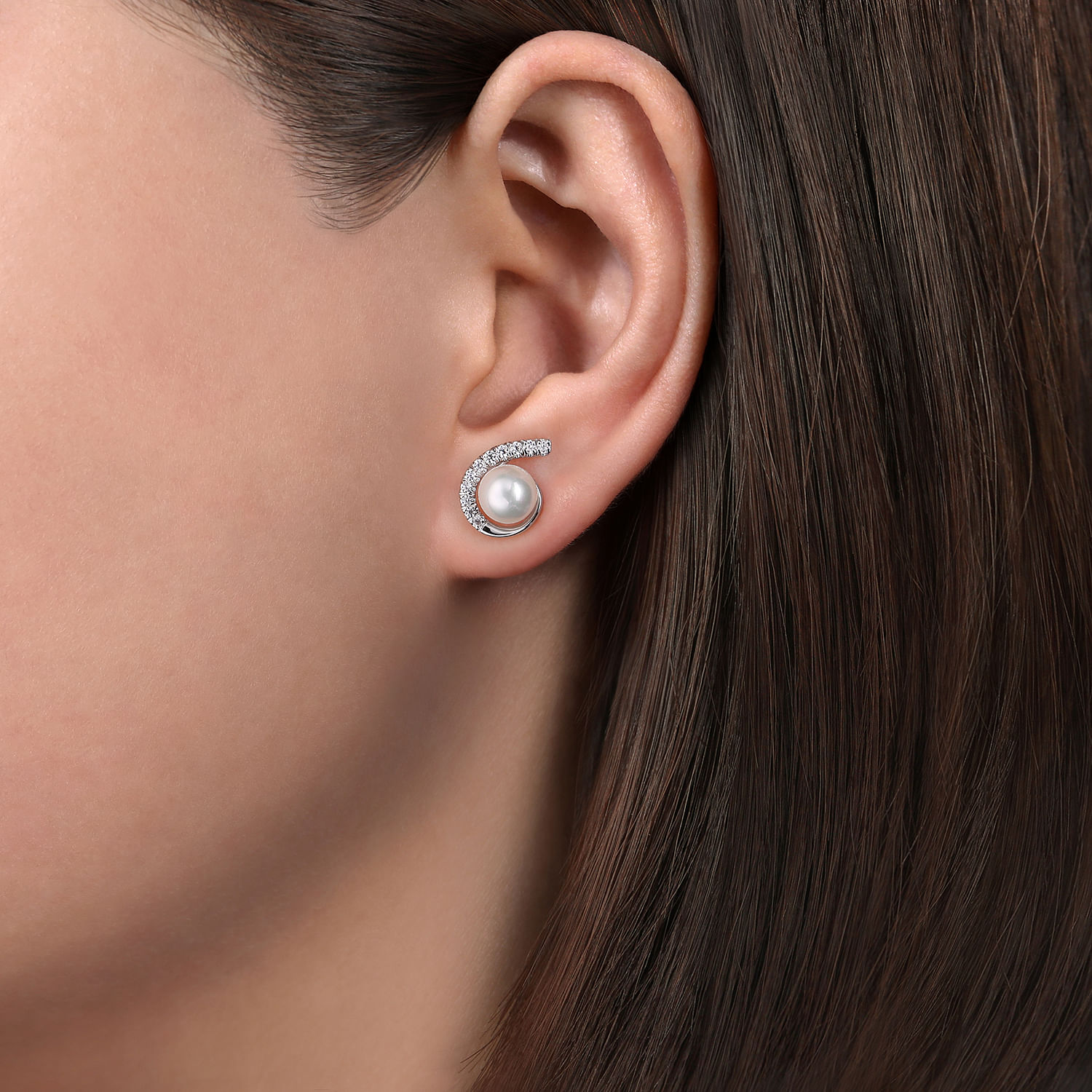 14K White Gold Pearl and Diamond J Stud Earrings