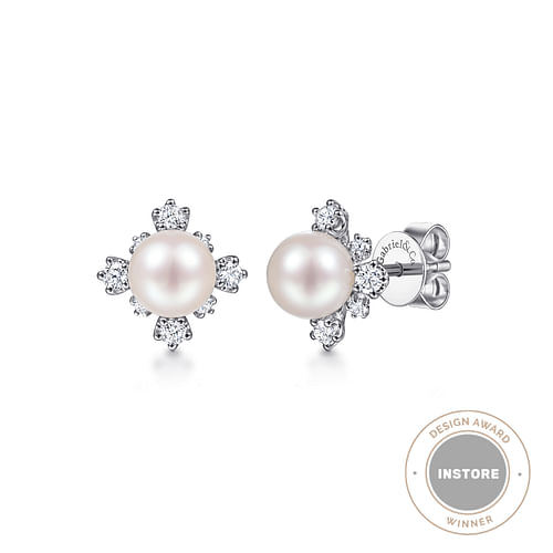 14K White Gold Pearl and Diamond Stud Earrings