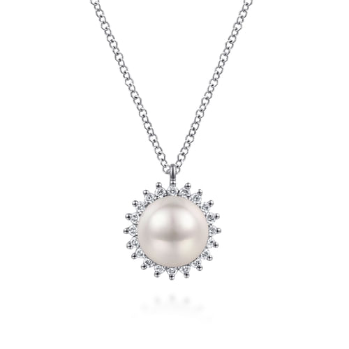 14K White Gold Pearl with Diamond Halo Pendant Necklace
