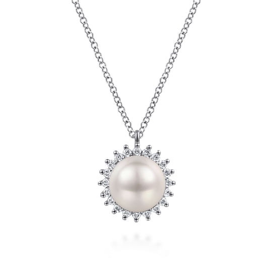Gabriel - 14K White Gold Pearl with Diamond Halo Pendant Necklace