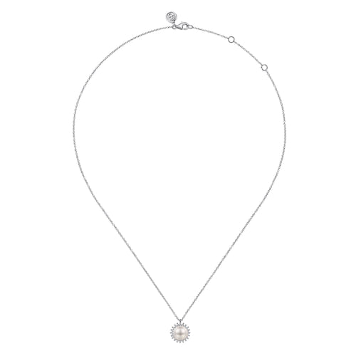 14K White Gold Pearl with Diamond Halo Pendant Necklace
