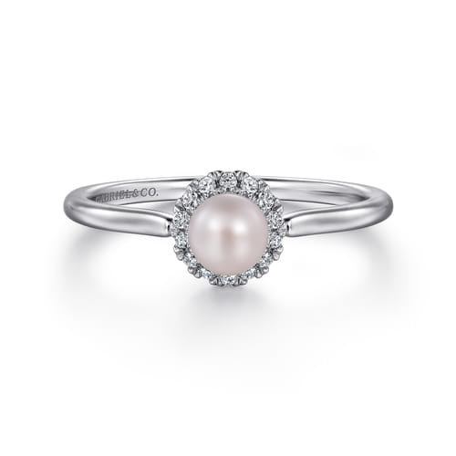 14K White Gold Pearl with Diamond Halo Promise Ring