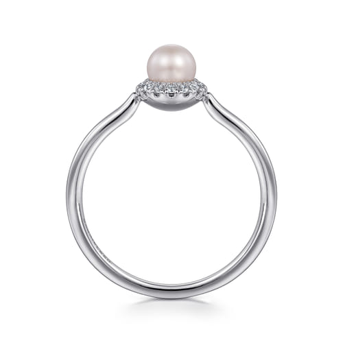 14K White Gold Pearl with Diamond Halo Promise Ring