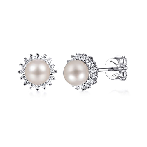 14K White Gold Pearl with Diamond Halo Stud Earrings