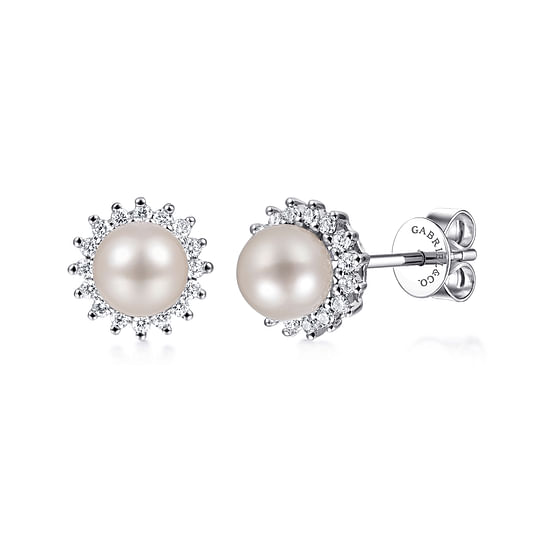 Gabriel - 14K White Gold Pearl with Diamond Halo Stud Earrings