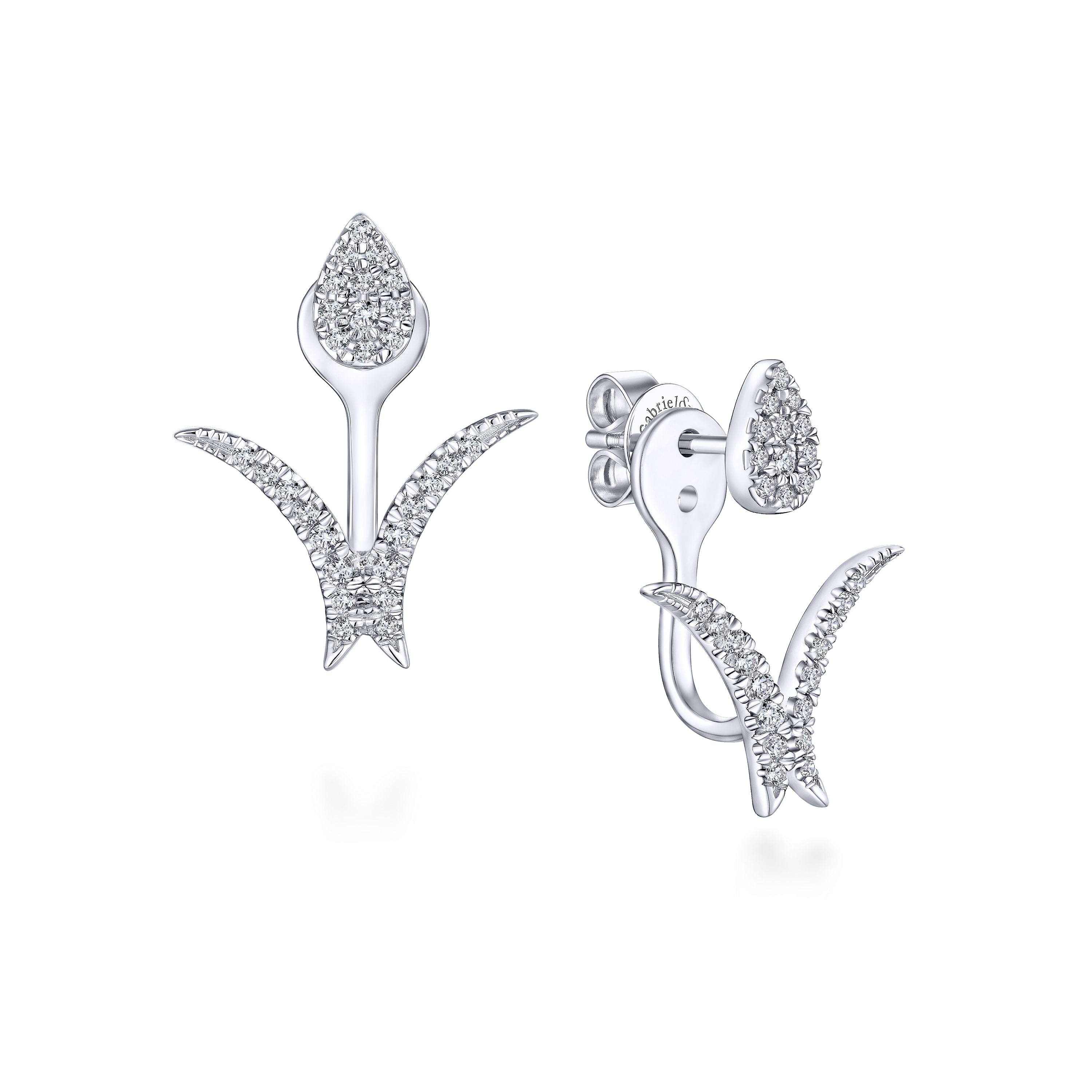 14K White Gold Peek A Boo Pear Shaped Floral Diamond Earrings