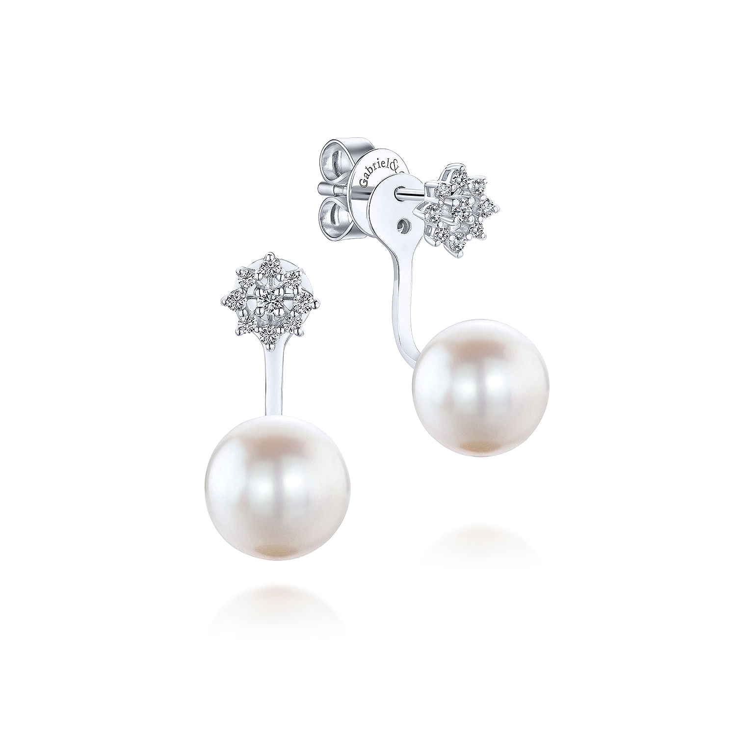 14K White Gold Peek A Boo Star-Studded Pearl Diamond Earrings
