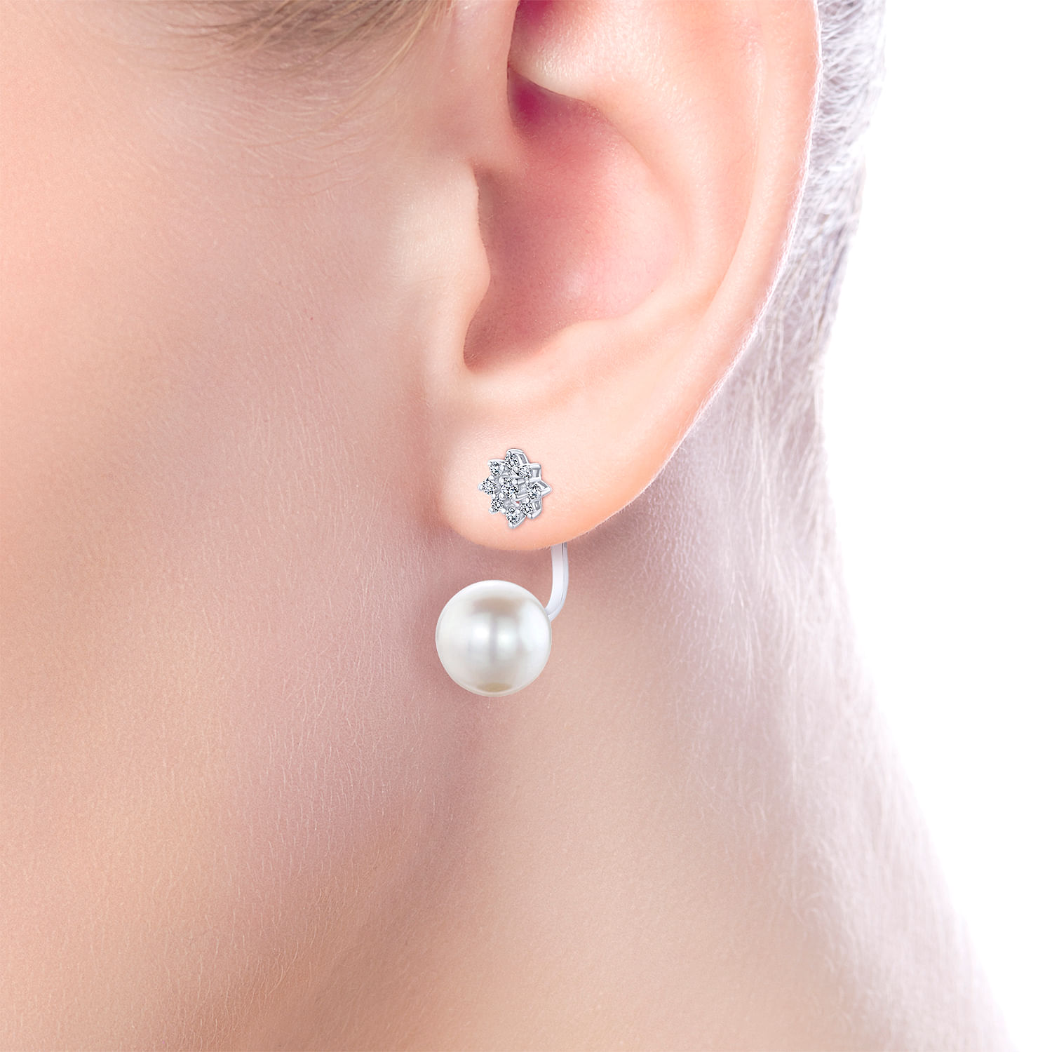 14K White Gold Peek A Boo Star-Studded Pearl Diamond Earrings