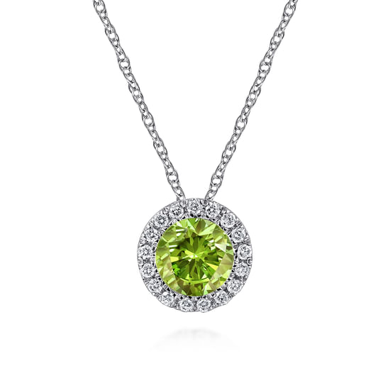 Gabriel - 14K White Gold Peridot and Diamond Halo Pendant Necklace