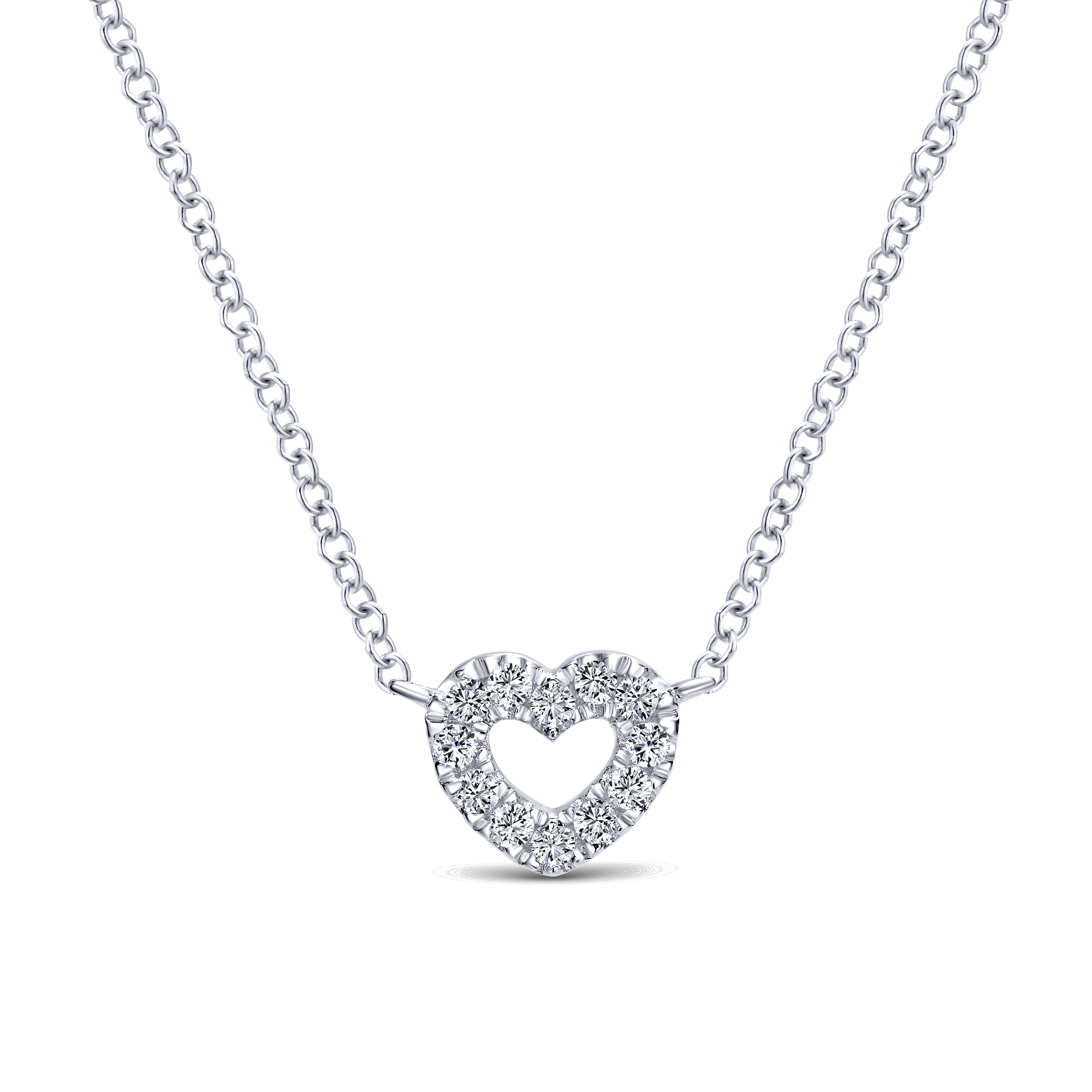 14K White Gold Petite Open Heart Diamond Pendant Necklace