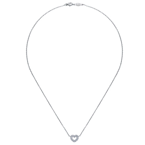 14K White Gold Petite Open Heart Diamond Pendant Necklace