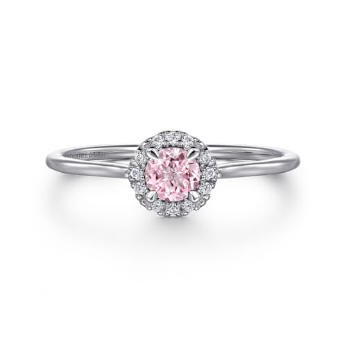 14K White Gold Pink Created Cubic Zirconia and Diamond Halo Promise Ring