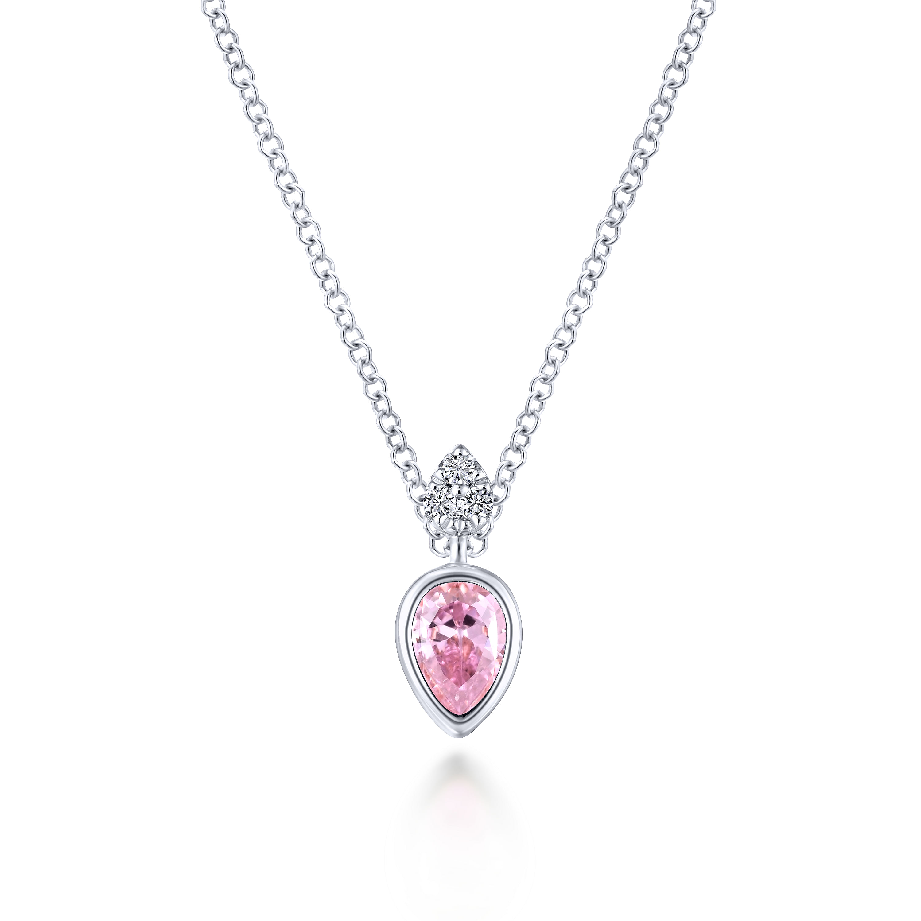 14K White Gold Pink Created Zircon Pendant Necklace with Diamond Accents