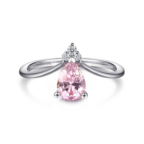 14K White Gold Pink Zircon and Diamond Chevron Ring